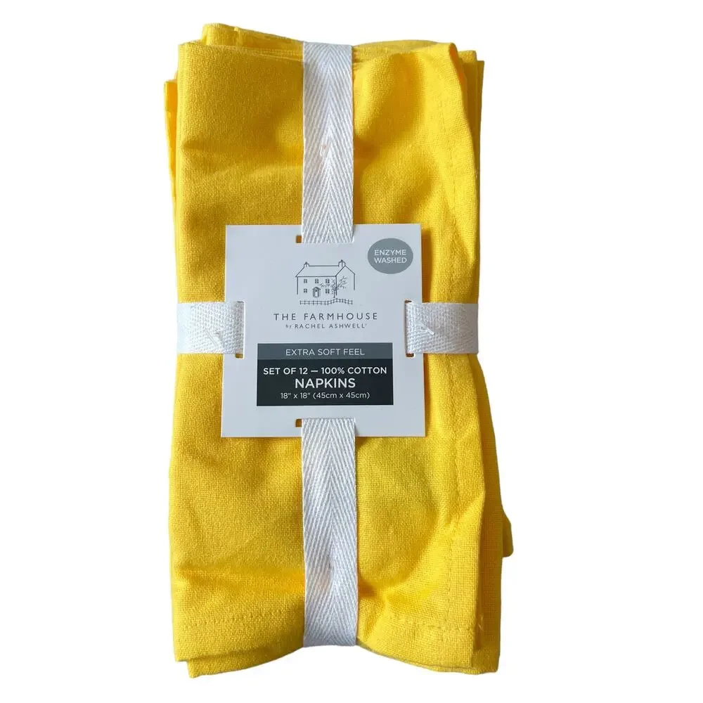 12pc Rachel Ashwell Farmhouse Cotton Dinner Napkins 18x18 Yellow NEW